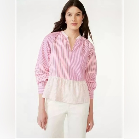 Free Assembly Women's V-Neck Peplum Top with Long Sleeves  S Pink Stripes - Picture 1 of 14